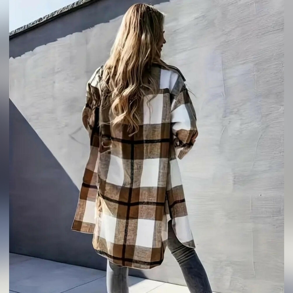 NWT Briwn Plaid Long Plaid Shirt Jacket - Picture 2 of 3